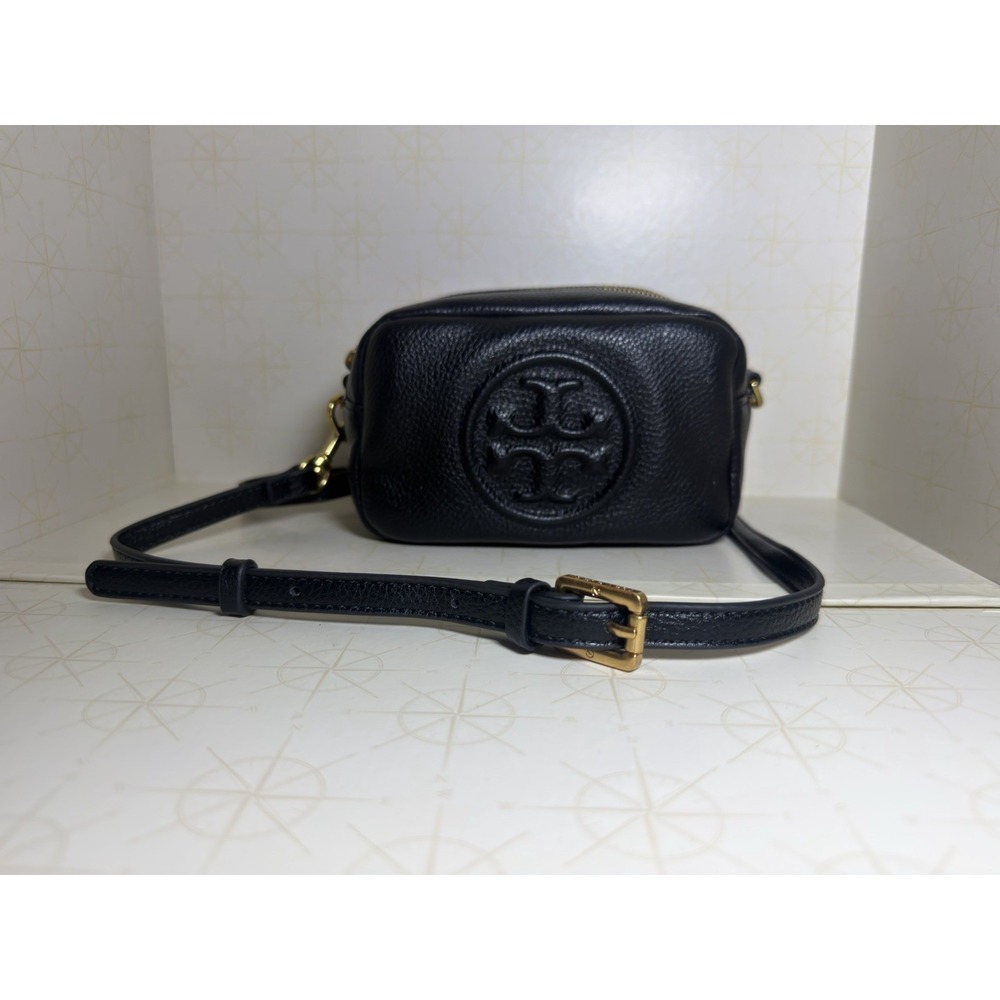 Tory Burch Perry Bombe Mini Crossbody Bag Black Pebbled Leather Gold Hardware